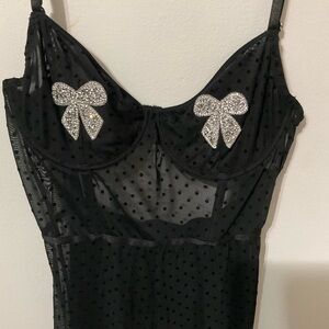 Forever 21 Black Sheer Polka Dot Chemise with Crystal Bow Accents